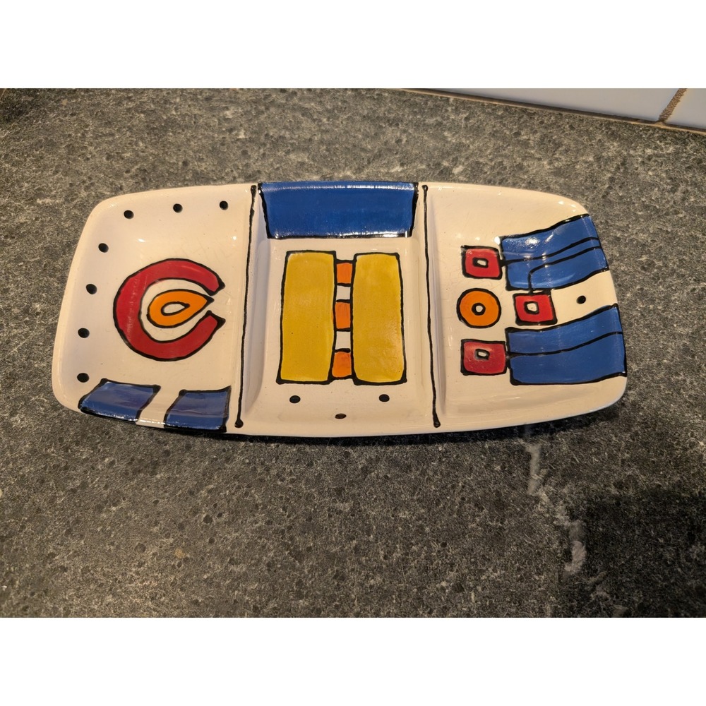 Hand Painted Ceramic Divided Serving Tray Dish Colorful Abstract Art SIGNED